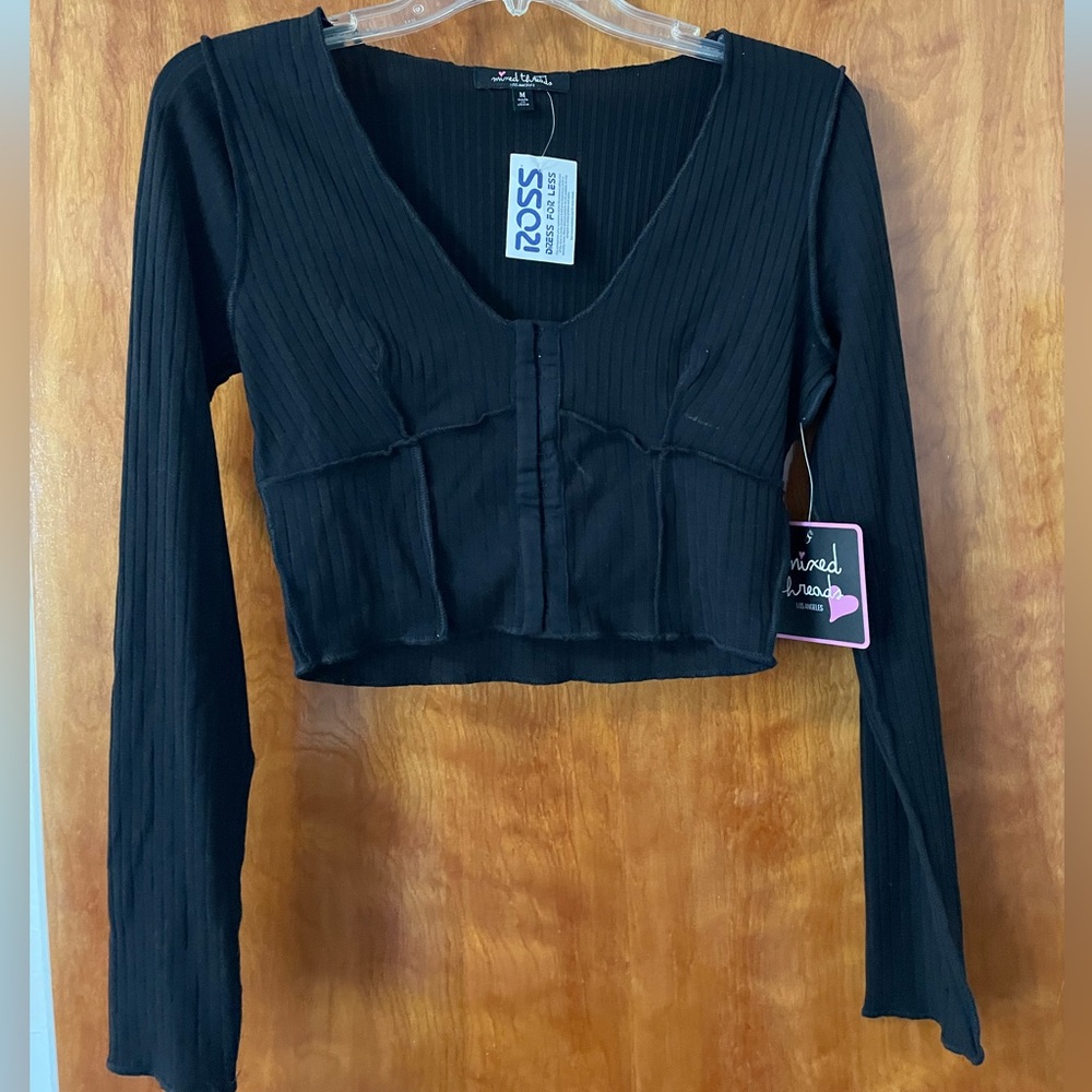 Black Long Sleeve Crop Top Corset Front-Close Size Medium NWT
